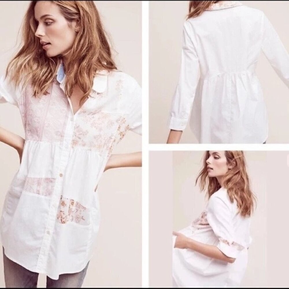Anthropologie Maeve Patchwork Buttondown Tunic medium cotton white pink floral
